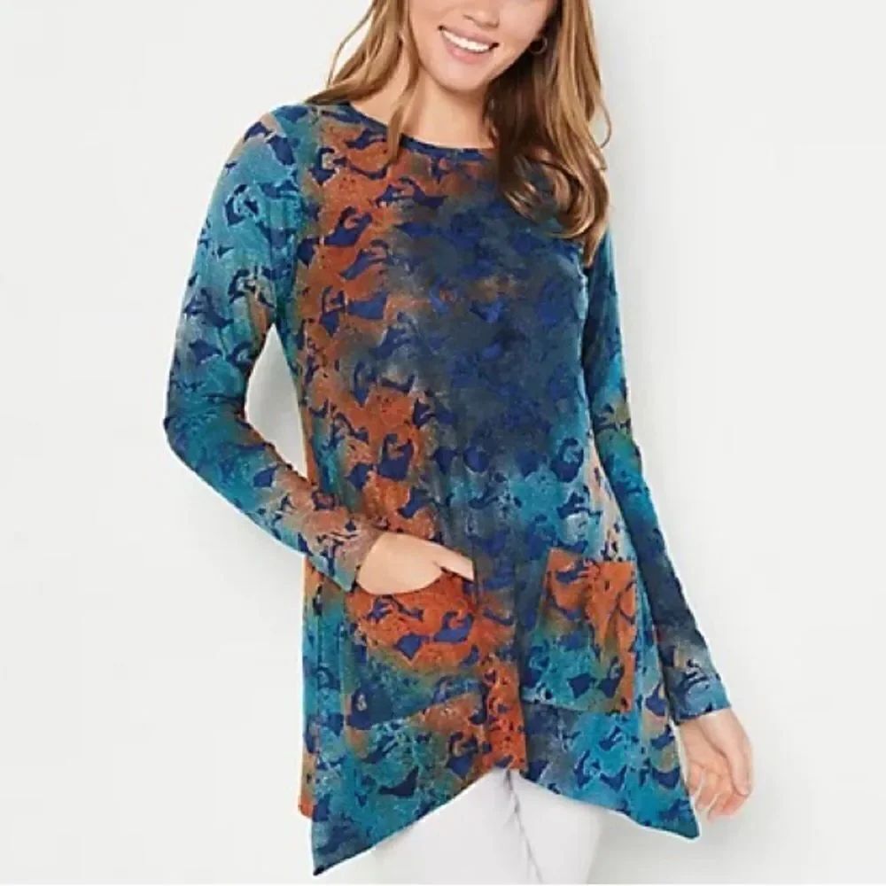 LOGO by Lori Goldstein Knit Tie-Dyed Jacquard Long Sleeve Top